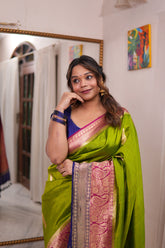 'Arya' Lime Green With a Contrast Pink And Blue On Edge Pure Katan Silk Kadhua Banarasi Handloom Saree (SUSHMITHA)